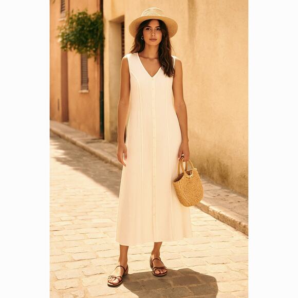Sezane Vintage M Embroidered Button Front Midi Dress Rayon Cottagecore White - Picture 1 of 8